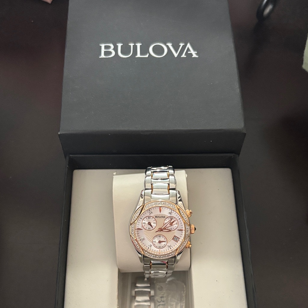 Bulova Silver And Rose Gold Dial Chronograph Bracelet Watch 250$